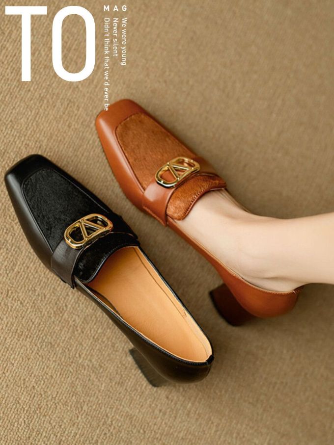 方头 低帮 一脚蹬 深口鞋 皮革 