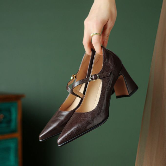 尖头 袢扣 中口鞋 皮革 