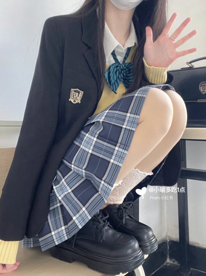 正装面料 H型 翻驳领 格纹/菱格 深蓝黑色 基础扣饰 JK 甜妹风 甜美 