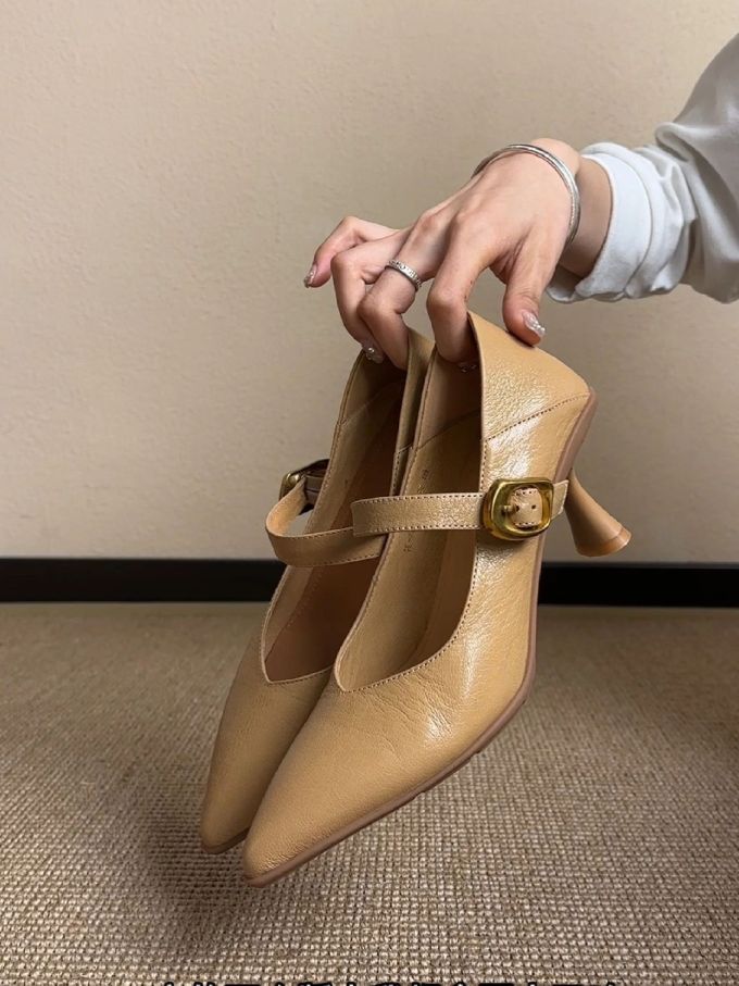 尖头 袢扣 中口鞋 皮革 