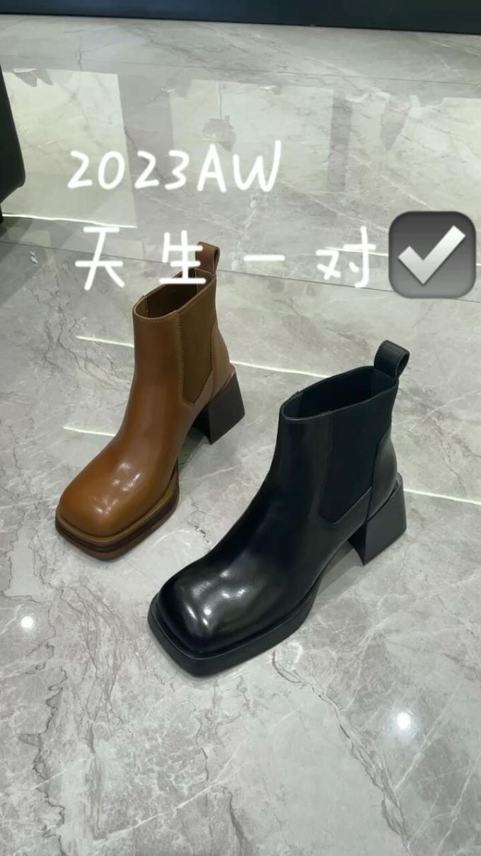 中跟 粗跟 方头 松紧带 皮革