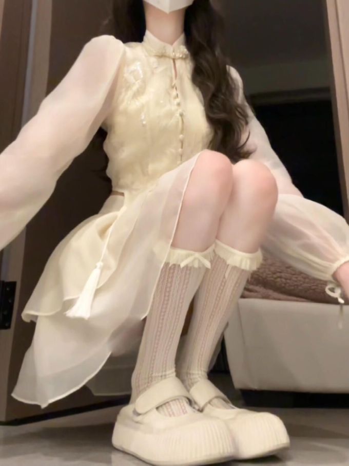 雪纺 A型 层叠 浅桃粉色 甜美 