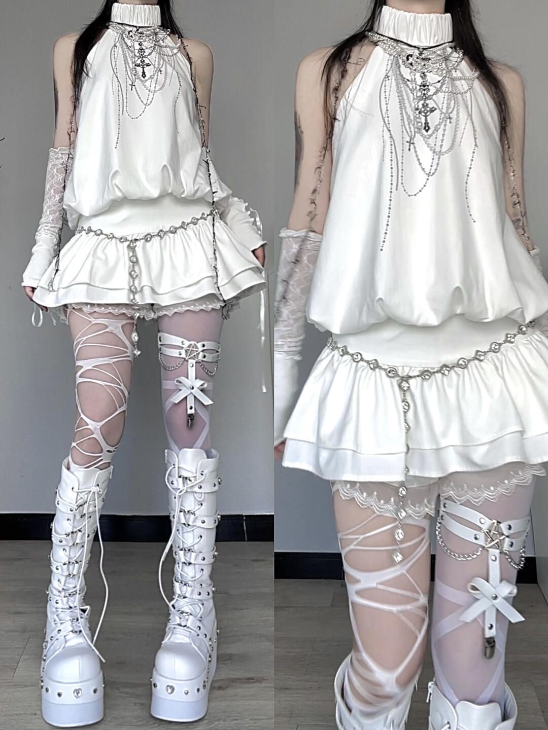 雪纺 X型 立领 无袖 烫钻 亮白色 气泡白  - VALI鞋履AI设计主图