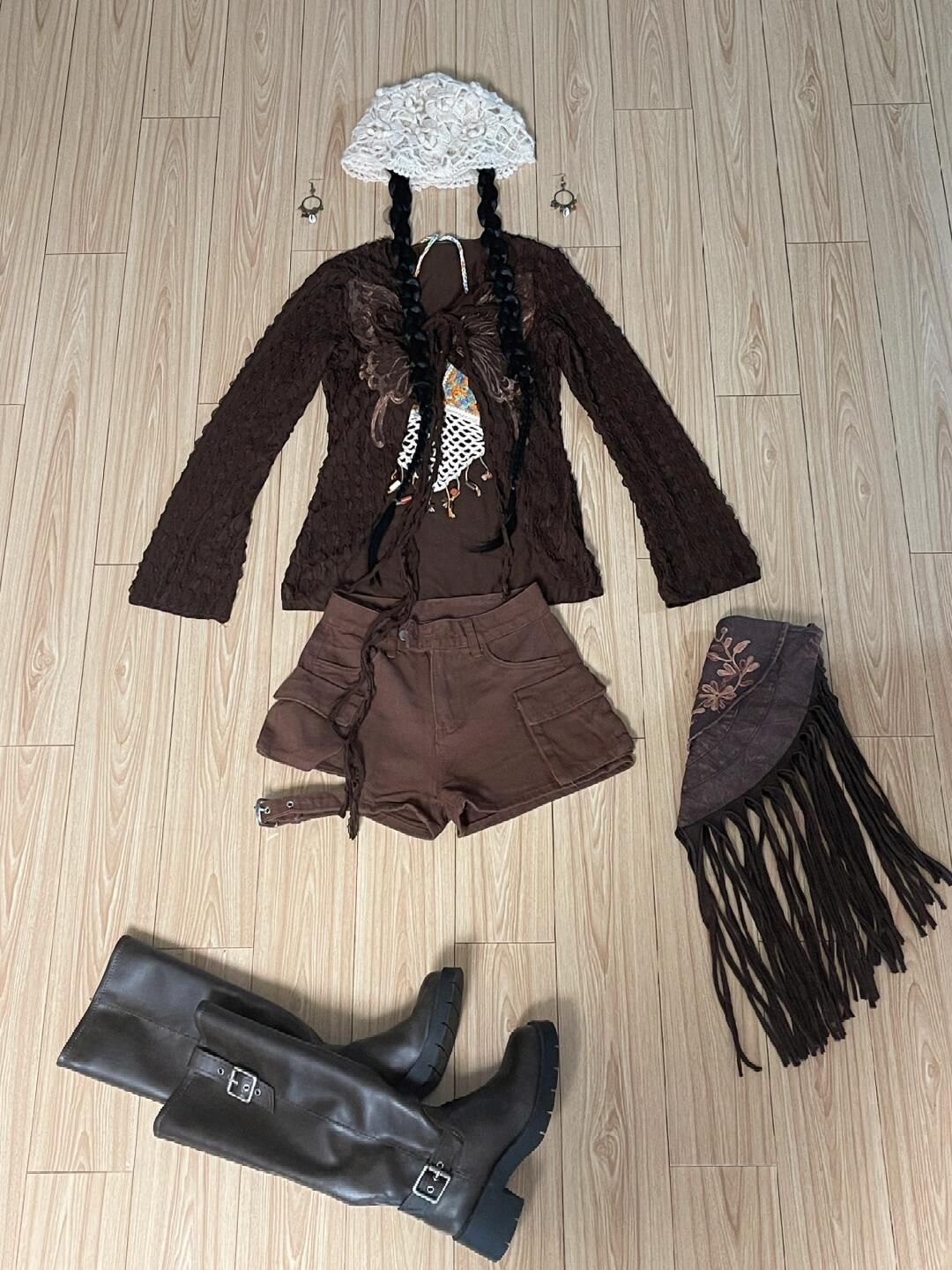 截短型 V领 中长袖 打结-扭结 巧克力酱色 巧克力蛋糕色  - VALI鞋履AI设计主图