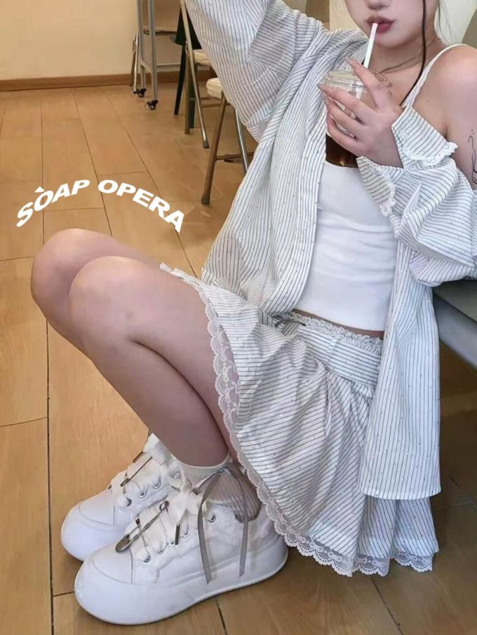 棉麻 H型 衬衫领 中长袖 基础袖 条纹/波纹 黎明灰 暗淡蓝 甜妹风 甜美 