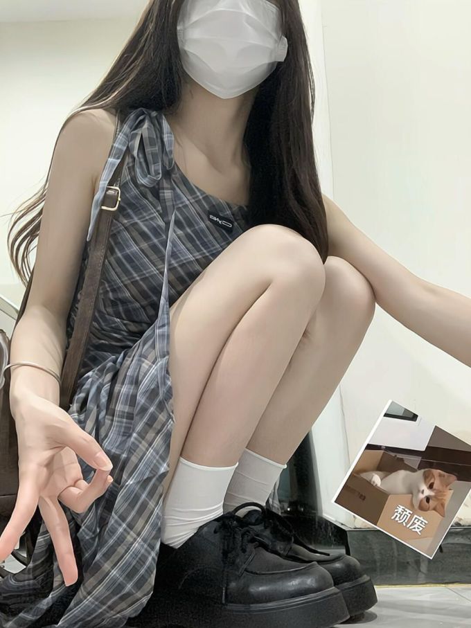 棉麻 A型 无袖 格纹/菱格 打结-扭结 酱黑色 ABG辣妹 辣妹 