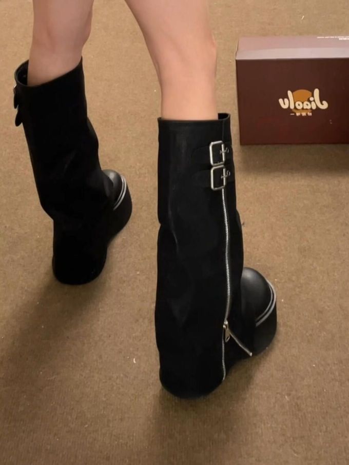 尖头 拉链 皮革 