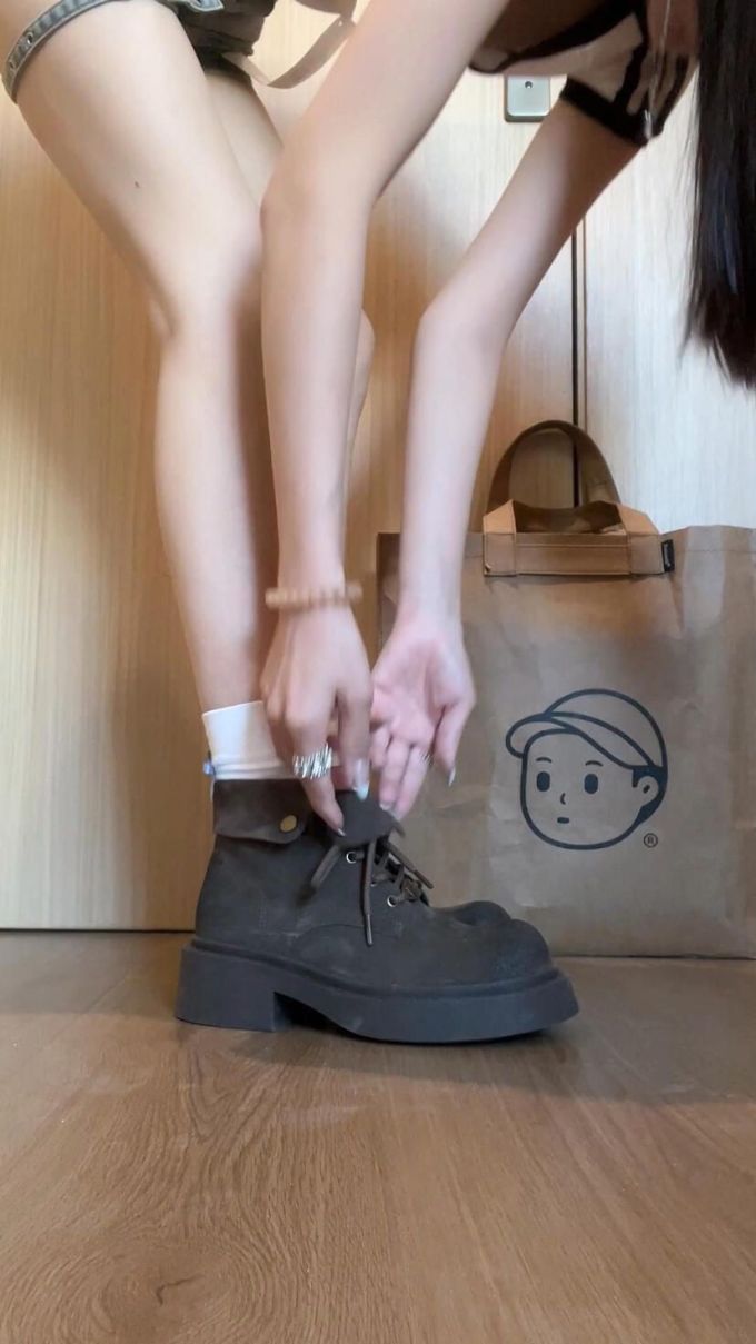 圆头 系带 皮革 