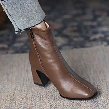 粗跟 方头 皮革 拉链 