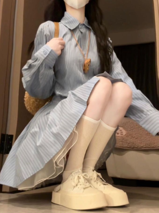 棉麻 H型 衬衫领 基础袖 条纹/波纹 细雨色 蒸汽蓝色 基础扣饰 甜妹风 甜美 