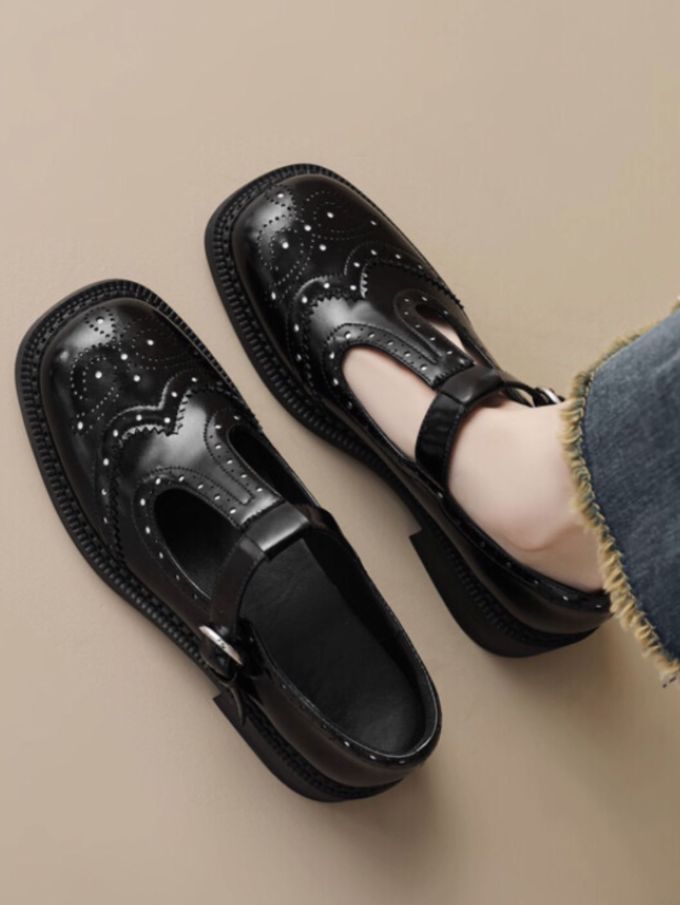圆头 袢扣 中口鞋 皮革 