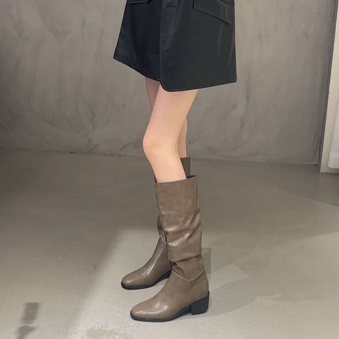 中跟 粗跟 方头 皮革 
