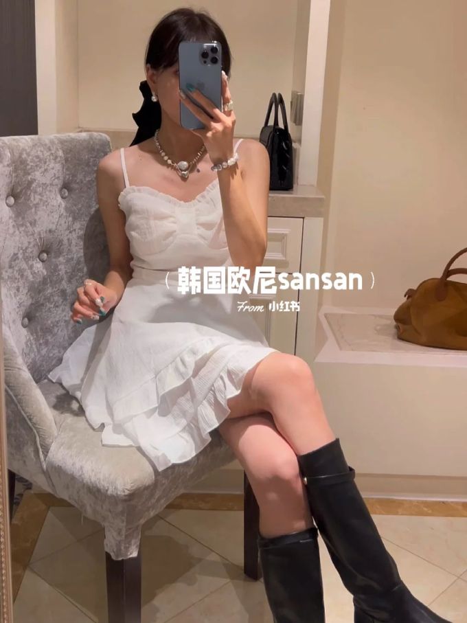 雪纺 A型 抹胸领 无袖 层叠 荷叶边 胭脂粉红 沙白色 玫瑰褐粉 淑女 