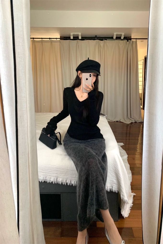 毛纺 S型 V领 超长袖 基础袖 细针 针织螺纹 蓝黑色 淑女 