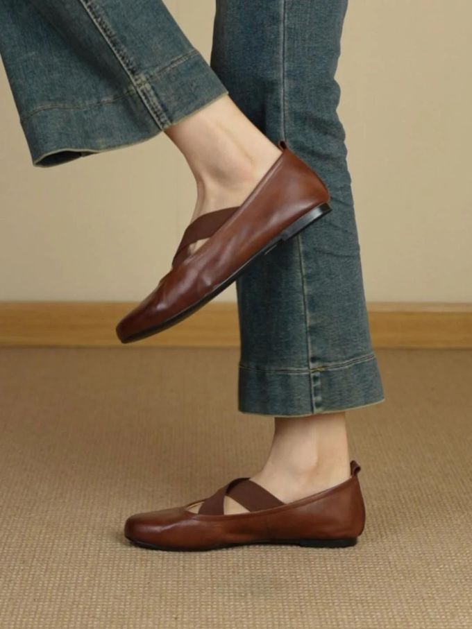 平底 方头 松紧带 中口鞋 皮革 