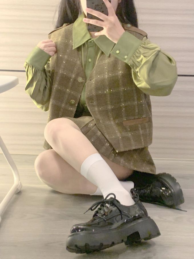 H型 格纹/菱格 拼接 暗冷杉绿 海狸鼠色 基础扣饰 甜妹风 甜美 学院风 
