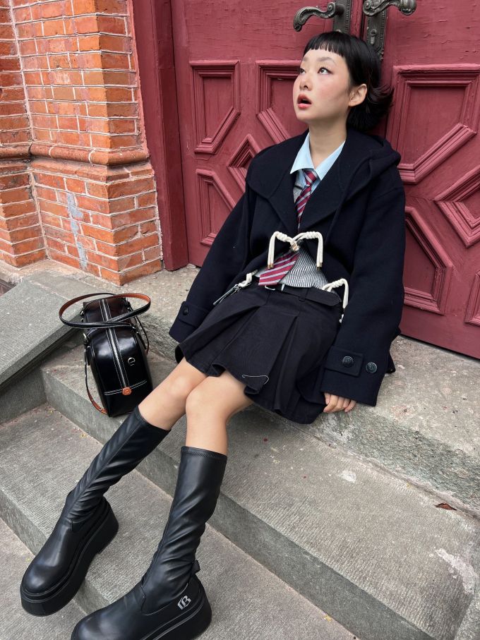 呢绒 H型 翻驳领 中长袖 基础袖 夜蓝色 学院风 