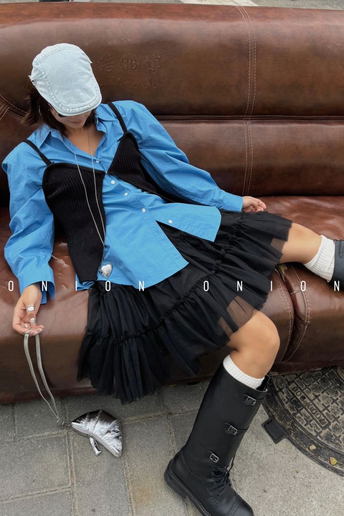 棉麻 不对称 衬衫领 中长袖 基础袖 拼接 纯蓝 蓝黑色 基础扣饰 