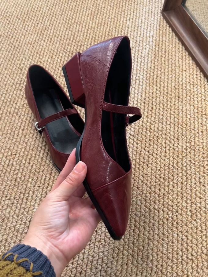尖头 袢扣 中口鞋 皮革 
