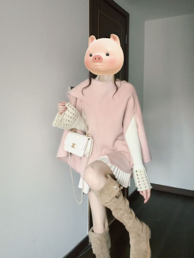 呢绒 H型 圆形领 开衩 云粉色 甜妹风 甜美 