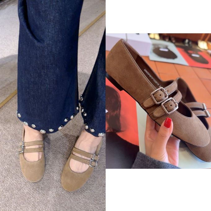 平底 袢扣 中口鞋 皮革 