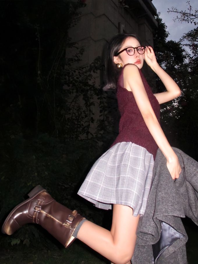 呢绒 A型 无袖 拼接 淡兰花色 红布林色 剑灰色 