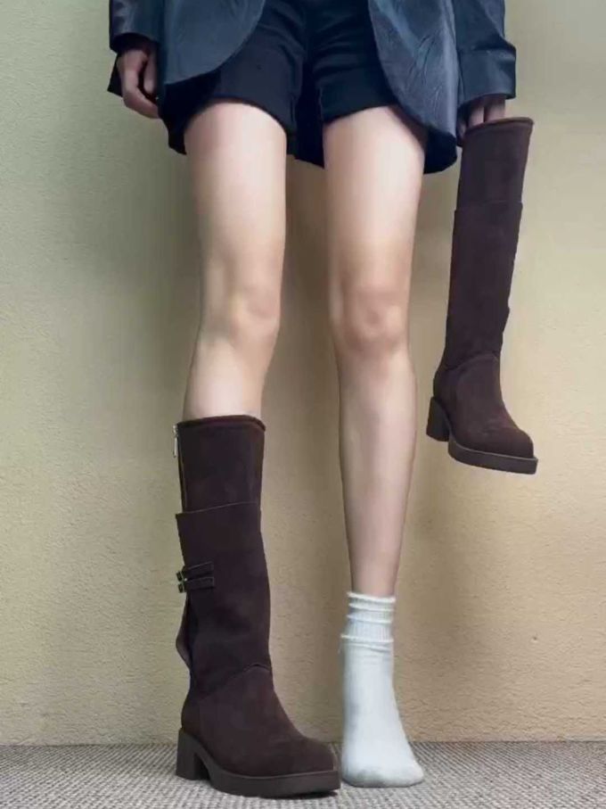 粗跟 皮革 拉链 