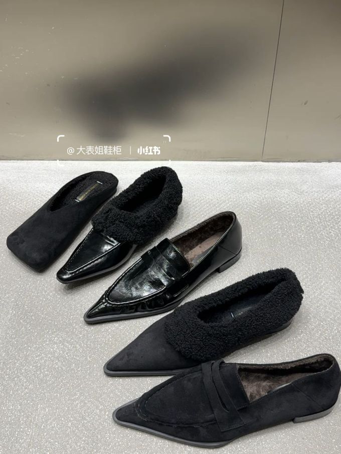 平底 尖头 低帮 一脚蹬 深口鞋 皮革 