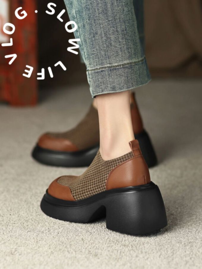 粗跟 松紧带 网面 