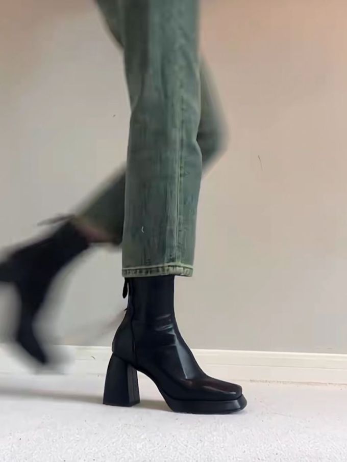 高跟 粗跟 方头 皮革 