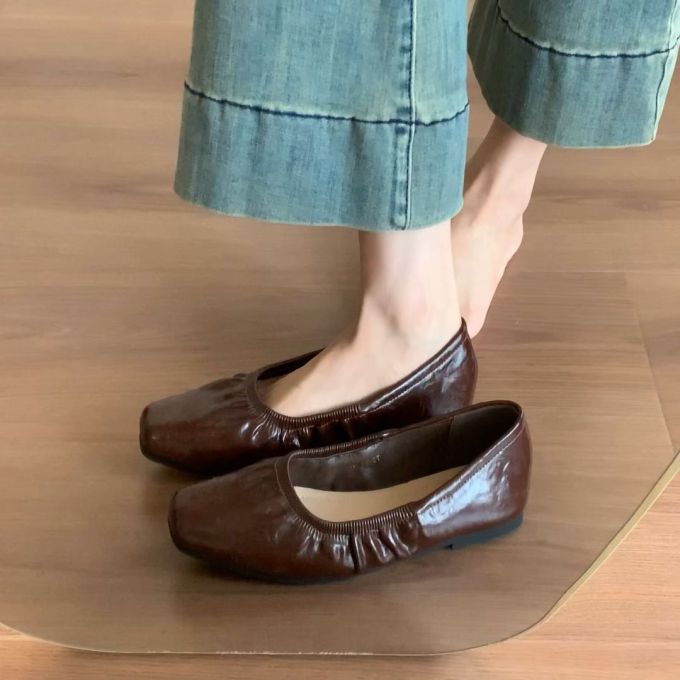 平底 方头 一脚蹬 中口鞋 皮革 