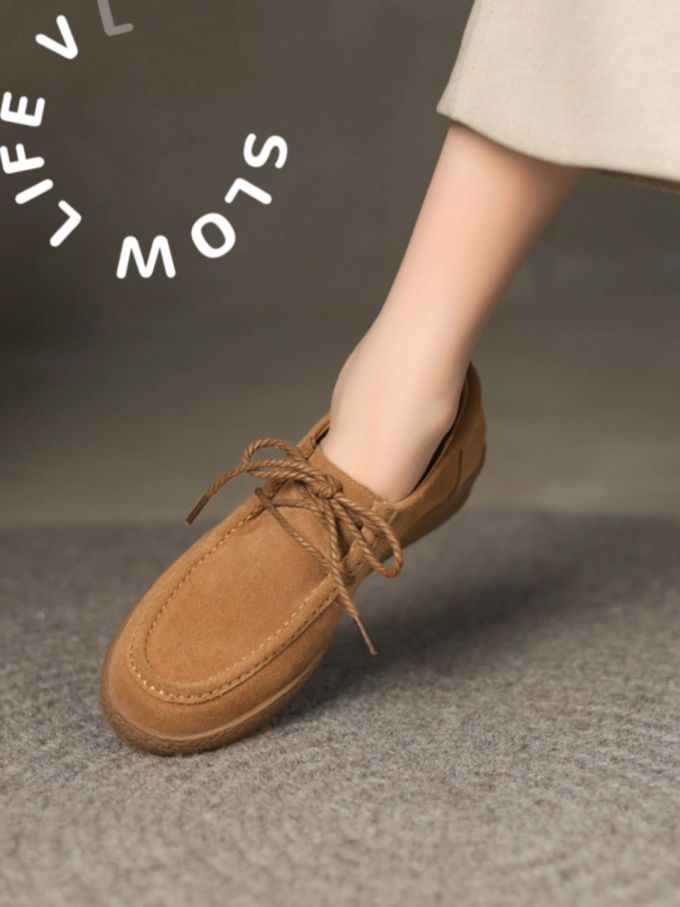 圆头 低帮 系带 深口鞋 皮革 