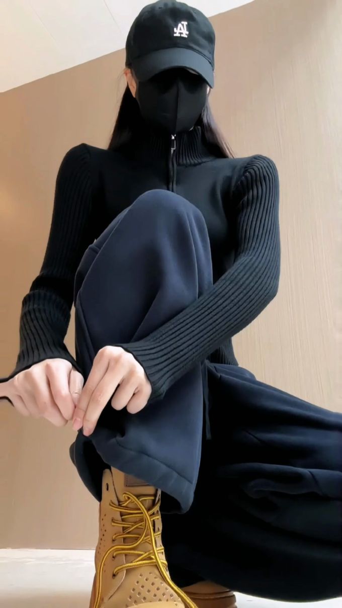 毛纺 立领 中长袖 细针 针织螺纹 蓝黑色