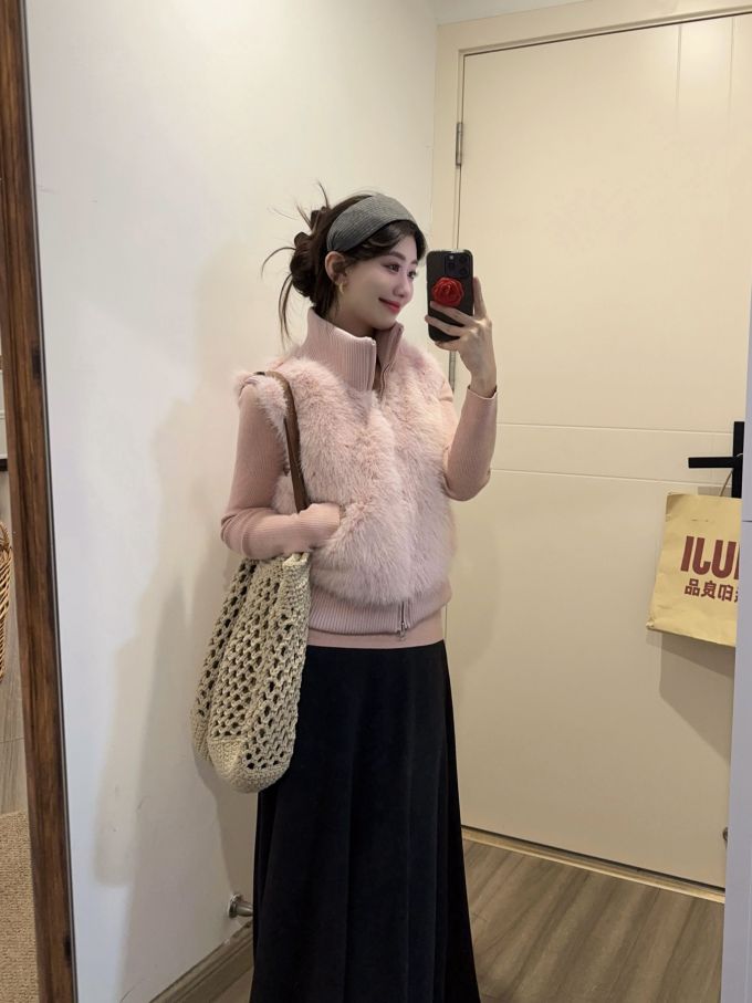 皮草面料 H型 立领 无袖 针织螺纹 小鹿色 灰泥色 白兰地色 甜妹风 甜美