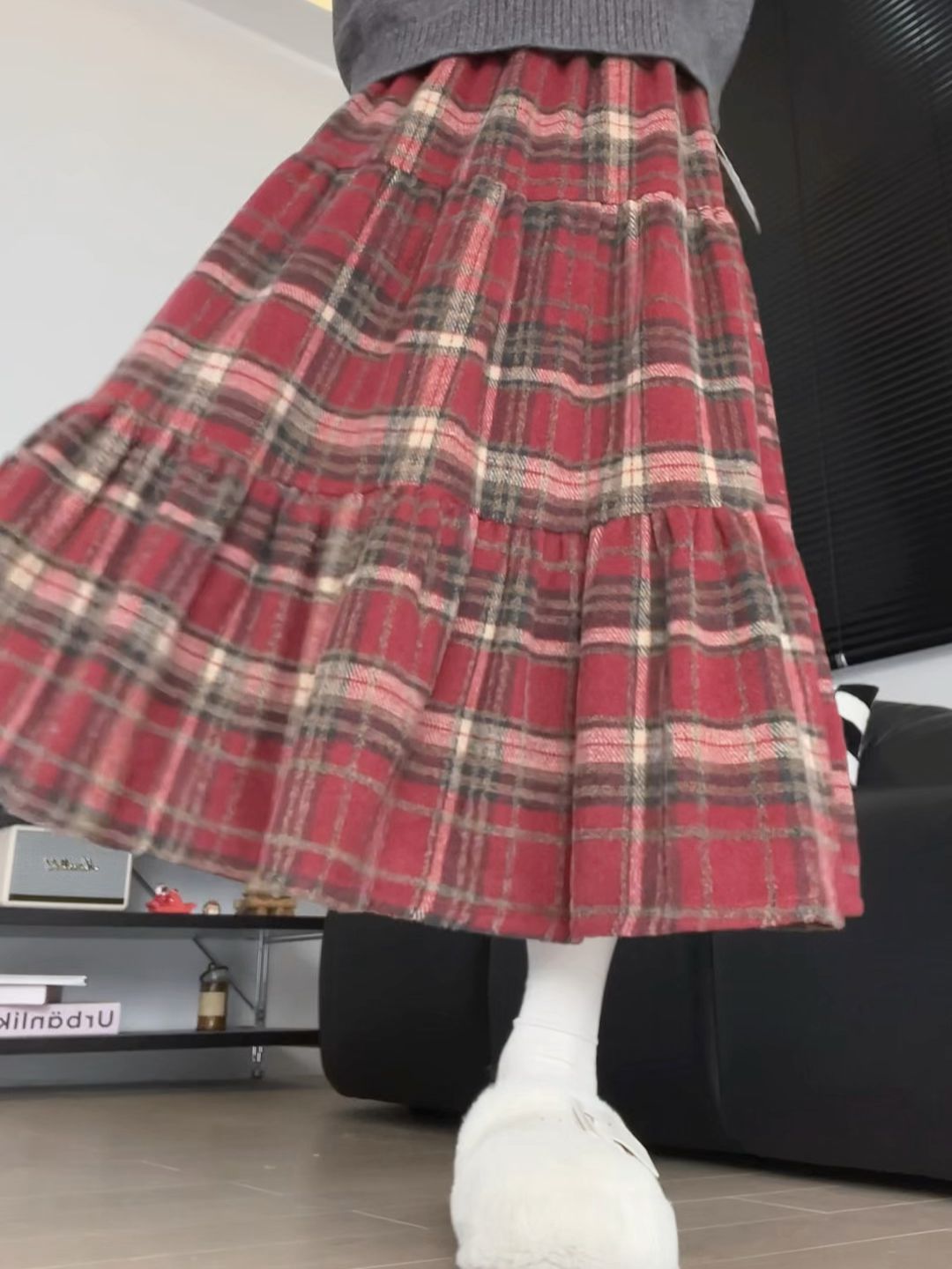 棉麻 A型 满印&循环 格纹/菱格 抽褶 褶裥 藏红色 峡谷玫瑰色  - VALI鞋履AI设计主图