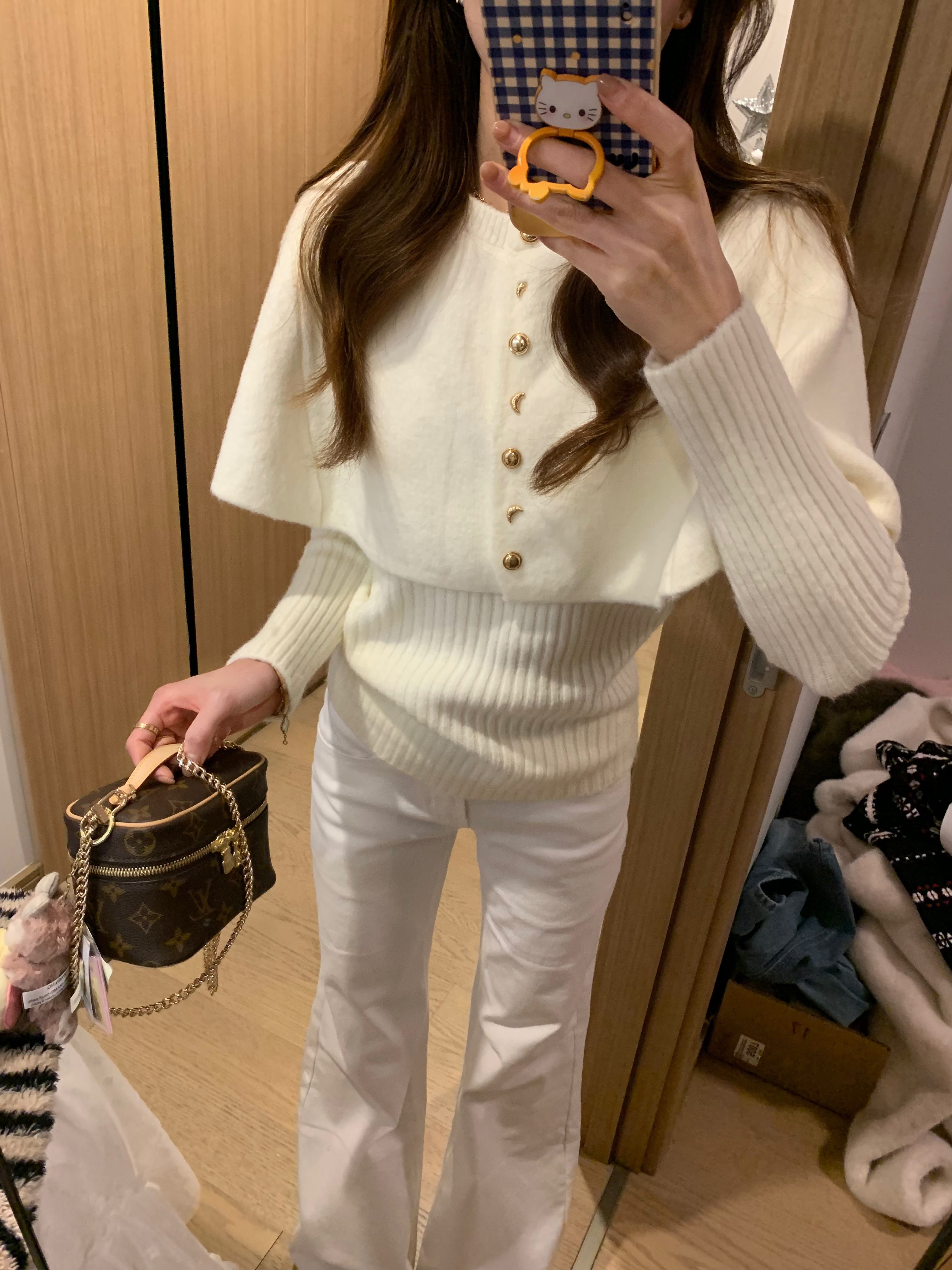 毛纺 H型 圆形领 中长袖 基础袖 细针 针织螺纹 羊皮纸浅驼 烟灰色 基础扣饰 韩系休闲 休闲  - VALI鞋履AI设计主图