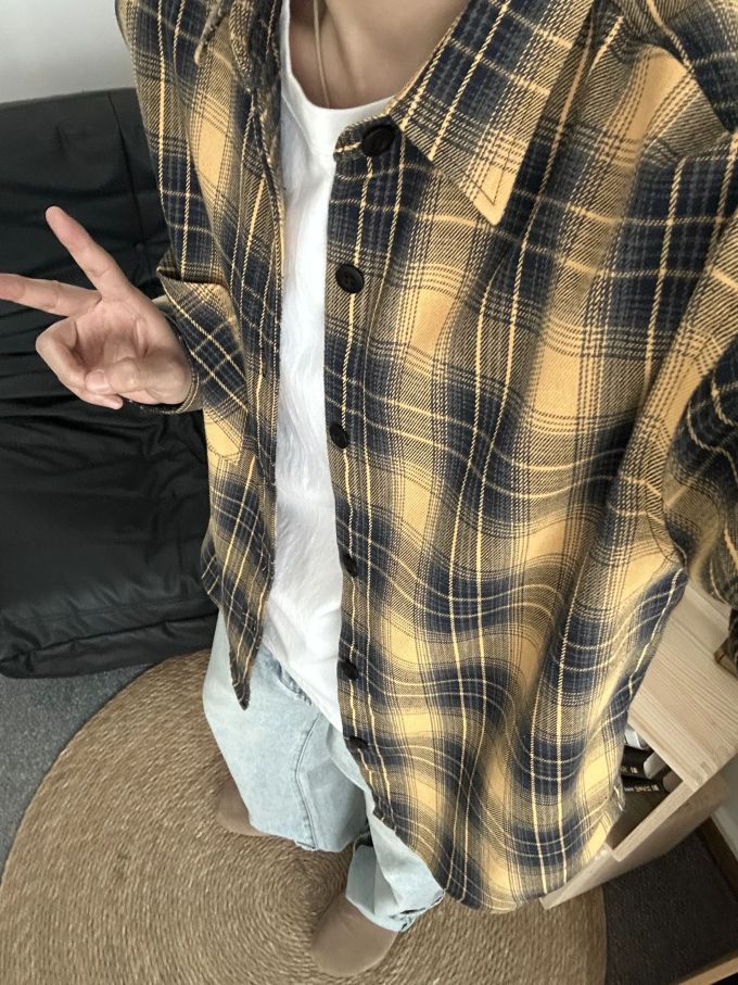 呢绒 H型 衬衫领 中长袖 满印&循环 格纹/菱格 踢踏舞鞋色 榉树色 基础扣饰