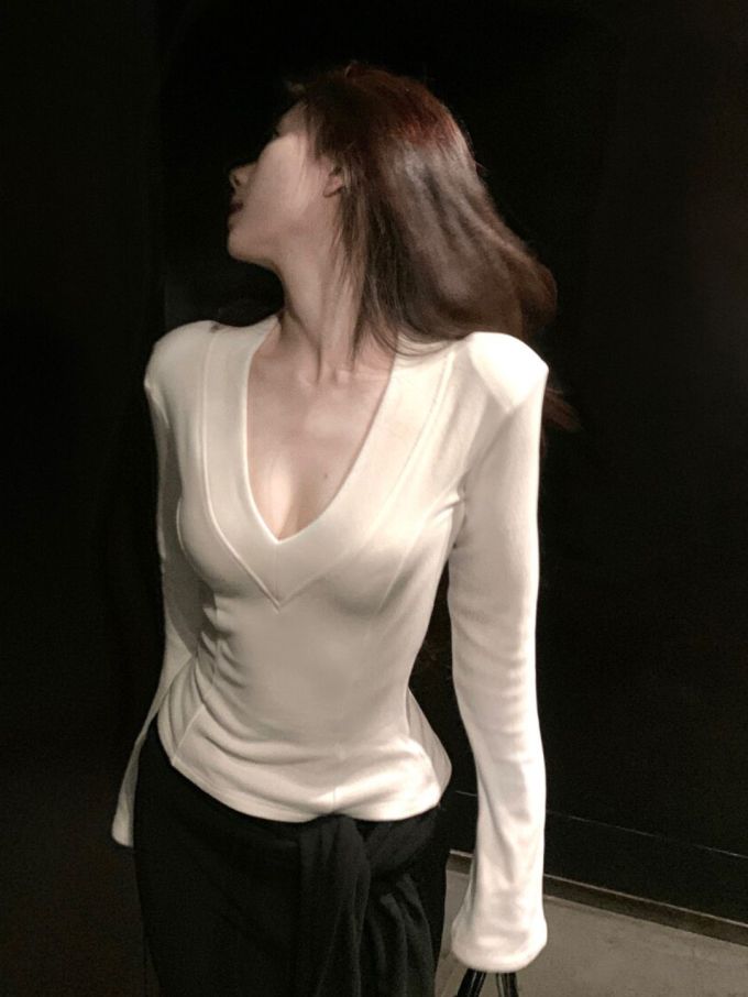 针织面料 T型 V领 中长袖 基础袖 海盗黑 灰棕色 