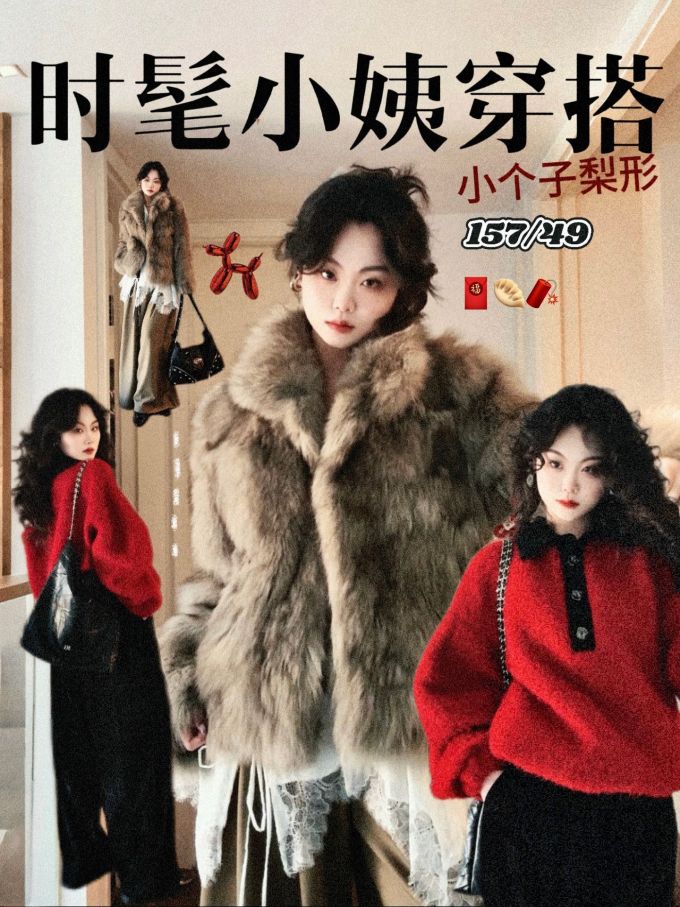 皮草面料 H型 翻领 中长袖 裘毛袖 榉树色