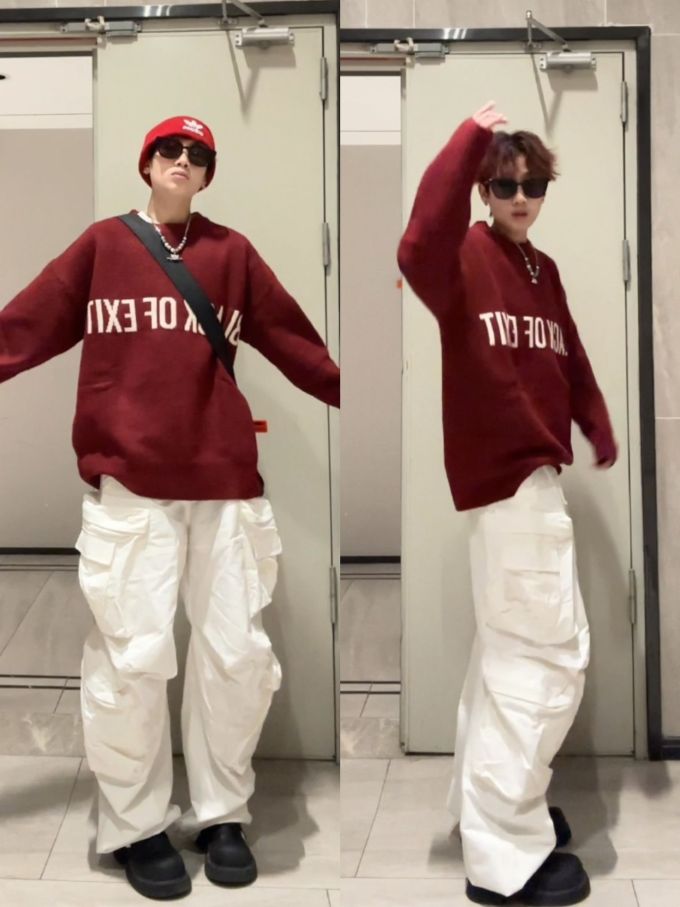 针织面料 H型 圆形领 中长袖 基础袖 局部印染 字母 印花 大丽花红 