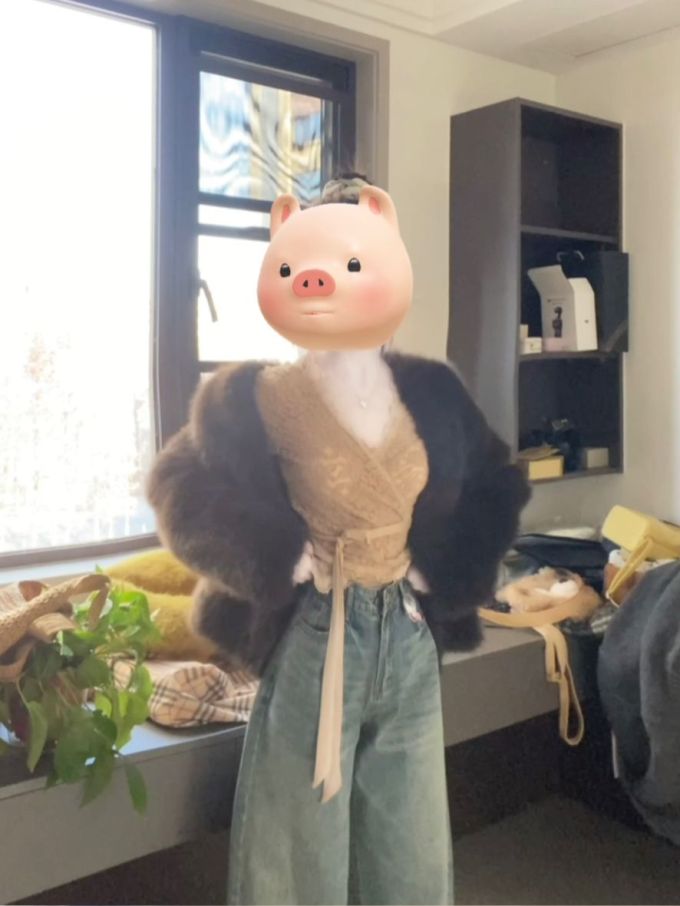 皮草面料 颈线领 中长袖 裘毛袖 蓝黑色