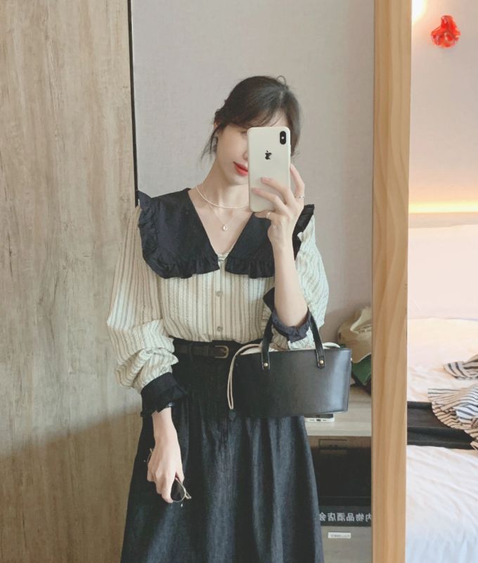 棉麻 翻领 中长袖 基础袖 抽褶 海盗黑 基础扣饰 淑女