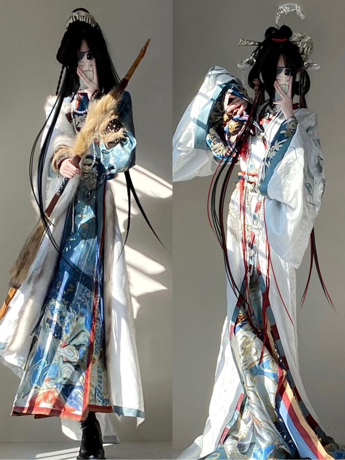 A型 和服袖 印花 深蓝黑色 亮白色 国风 