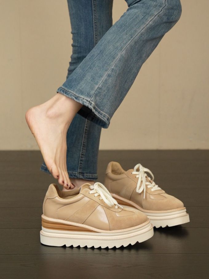 厚底 圆头 系带 皮革 