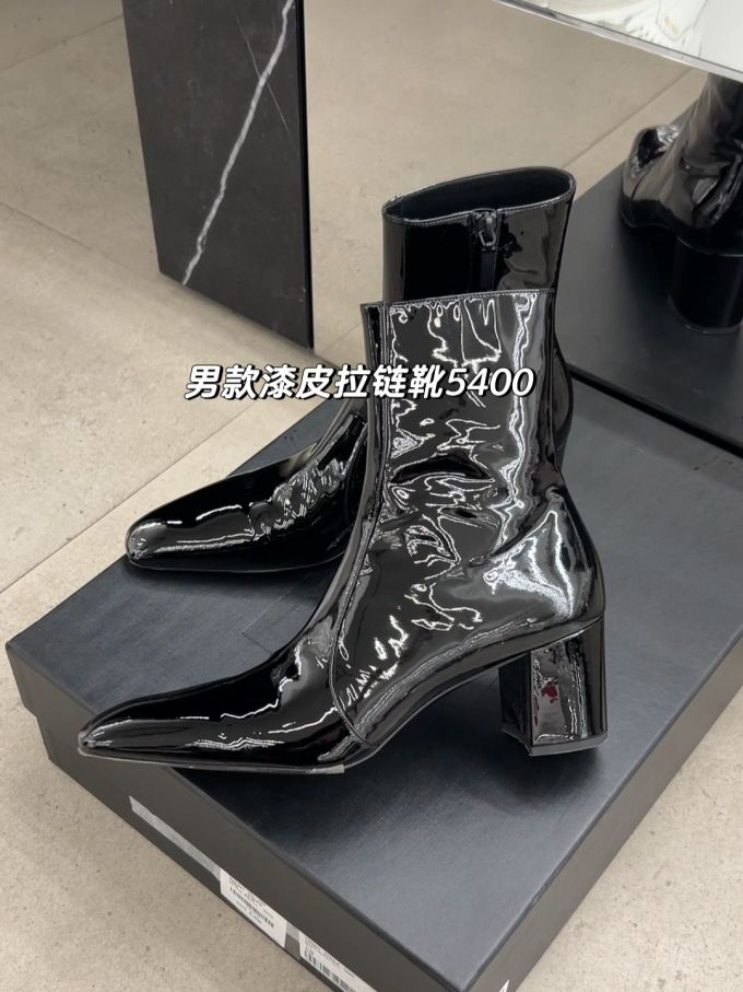 中跟 粗跟 方头 皮革 拉链