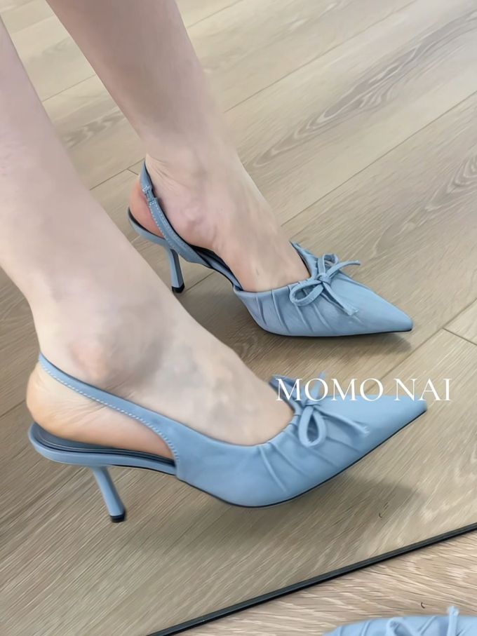 中跟 细跟 尖头 无帮 皮革 