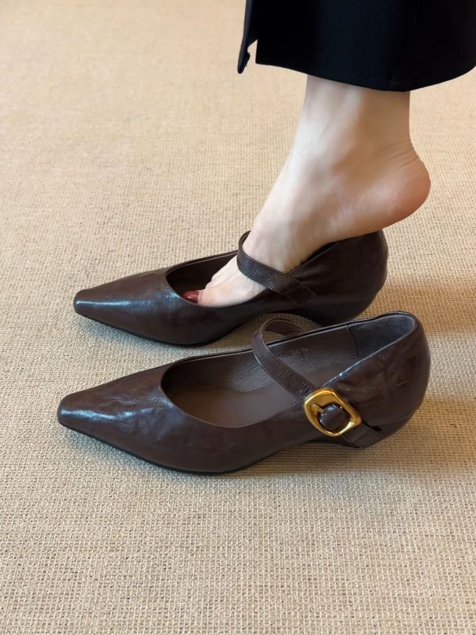 尖头 袢扣 中口鞋 皮革 