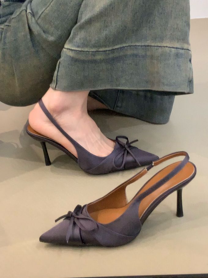 中跟 细跟 尖头 无帮 浅口鞋 网纱 