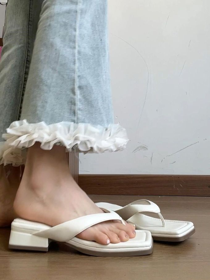 粗跟 无帮 皮革 