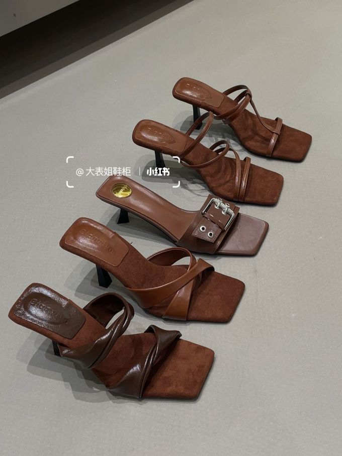 粗跟 无帮 皮革 